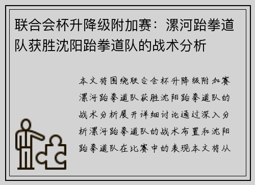 联合会杯升降级附加赛：漯河跆拳道队获胜沈阳跆拳道队的战术分析